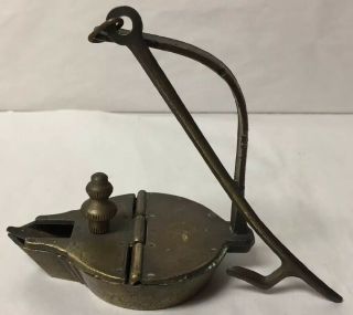 Antique Brass Betty Lamp W/ Lid Early Americana Primitive Oil/ Grease