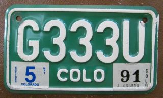 Colorado 1991 Motorcycle License Plate Quality G333u