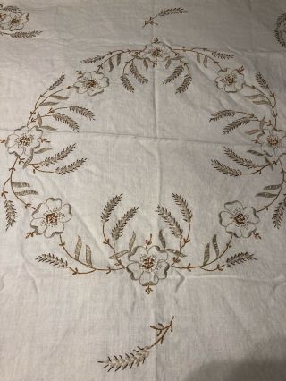 Vtg Handmade Embroidered Tablecloth Floral Wheat Pattern 38”x38”