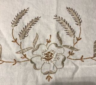 VTG Handmade Embroidered Tablecloth Floral Wheat Pattern 38”x38” 2