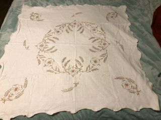 VTG Handmade Embroidered Tablecloth Floral Wheat Pattern 38”x38” 3