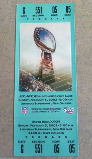 Bowl Football Ticket - Full - 2002 Xxxvi 36 - Patriots Rams -