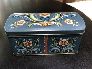 Vintage Tin Box With Hinged Lid Made In Norway 4 " Tall X 7.  5 " Long