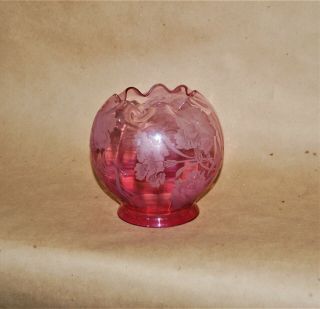 Antique Cranberry Carnation Acid Etched Ruffle Top Oil Lamp Shade 4 " Fitter