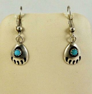 Vintage Native American Indian Sterling Silver & Turquoise Bear Claw Hook Earrin
