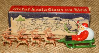 Vintage Christmas Decoration Metal Santa Sled Reindeer Japan Old Stock 046