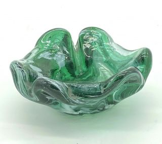 Vintage Slag Glass Ashtray Green White Hand Blown Art Glass Contemporary Swirl