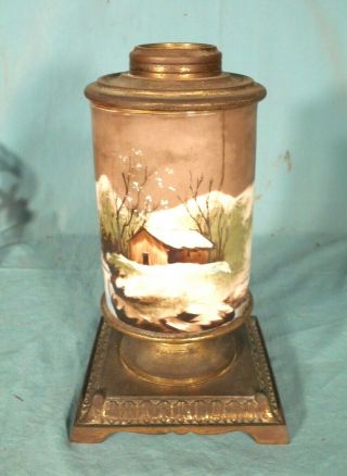 Antique Victorian Milk Glass Oil Lamp With Snow Covered Barn