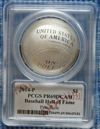 2014 P Pete Rose Hall Of Fame Autographed Silver Coin $1 Pcgs Pr69 Proof