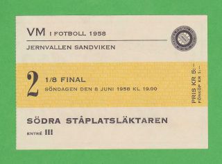 1958 Fifa World Cup Ticket 2 1/8 Finals Hungary Vs Wales June 8th