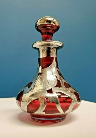 Antique Art Nouveau Ruby Red Cranberry Sterling Silver Overlay Perfume Bottle