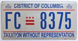 Washington Dc Taxation Without Representation License Plate,  Fc 8375