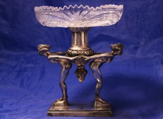 Antique Art Deco Silver Plate Compote/tazza Nude Figures W/crystal Dish C.  1920s