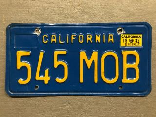 Vintage California License Plate Blue/yellow 545 - Mob Mafia - Gangster 1982 Cool