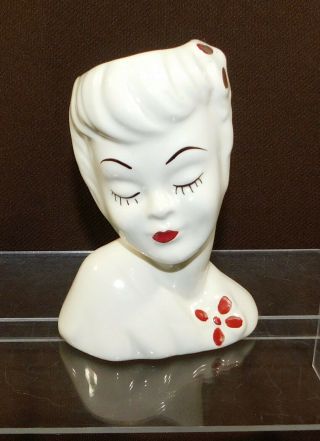 Vintage Lefton Glamour Girl Lady Head Vase White With Red Bow