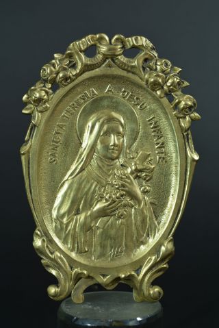 Fine Antique Religious Bronze Stand Oratory St Theresa Of Jesus Child Signed