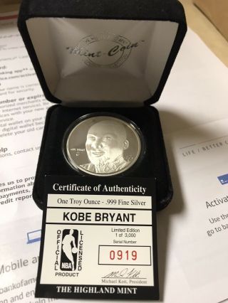 Kobe Bryant Silver Coin Highland 1 Troy Oz 999 Fine Silver 919 /3000