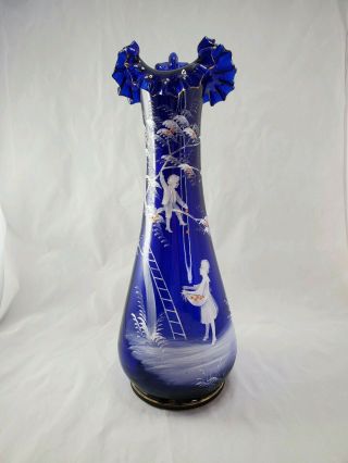 Antique Mary Gregory Blue 15.  5 " Tall Ruffled Handblown Glass Vase Very Detailed