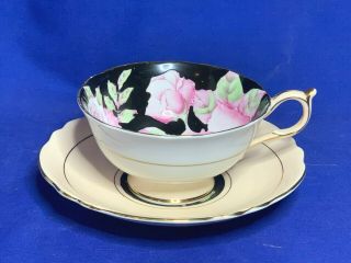 Paragon China Hand Painted Large Pink Roses On Black Teacup And Saucer