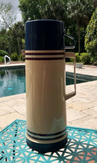 Vintage One Quart Aladdin Thermos Handle Spout Cup Glass Almond Red Blue Striped