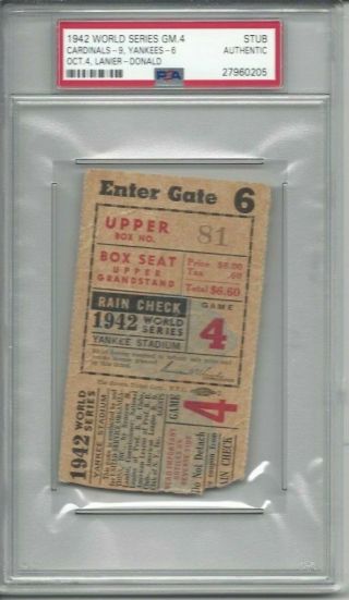 1942 World Series Ticket Stub York Yankees St.  Louis Cardinals Gm 4 Psa