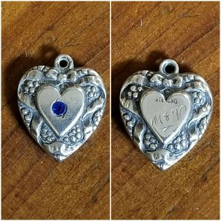 Vintage Sterling Silver & Blue Stone Double Sided Repousse Puffy Heart Charm