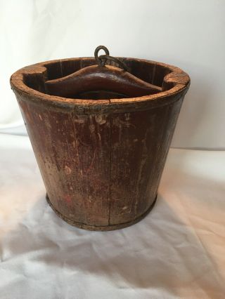 Antique Maroon Staved Wood Water / Well Bucket Iron Bands & Iron Pull Loop