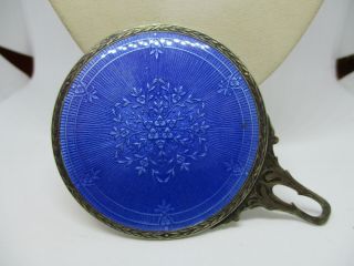 Vintage Blue Guilloche Enamel Sterling Silver Hand Purse Mirror.