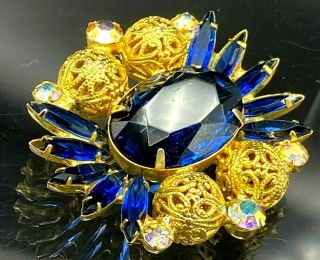 Vintage Sapphire Blue Rhinestone Brooch Gold Filigree Beads Aurora Borealis 458