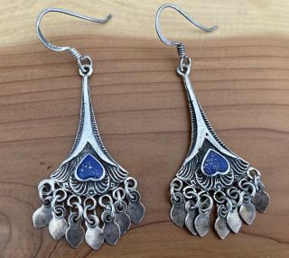 Vintage 925 Sterling Silver Heart Lapis Lazuli Drop Dangle Hook Fringe Earrings