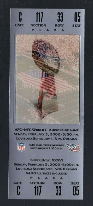 2002 Nfl Bowl Xxxvi Full Ticket - Patriots Vs Rams - Brady V Warner