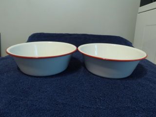 2 Vintage Red And White Enamel Bowls 8 Inch.