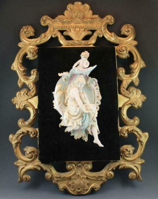 Antique Parian Bisque Porcelain Figural Wall Plaque Lady & Cherub Framed