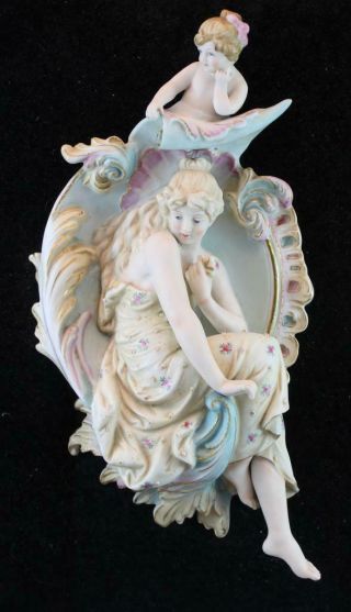 Antique Parian Bisque Porcelain Figural Wall Plaque Lady & Cherub Framed 2