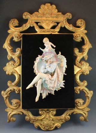Antique Parian Bisque Porcelain Figural Wall Plaque Gentleman & Cherub Framed
