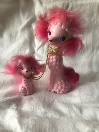 Pink Poodle With Chained Puppy Vintage Figurine