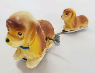 Vintage Alps (japan) Celluloid Wind Up Spaniel Toy Dog W Trailing Puppy