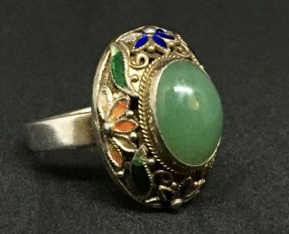 Antique Chinese Export Sterling Silver Jadeite Jade Enamel Filigree Ring