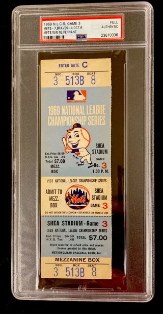1969 National League Championship Series Full Ticket - Game 3 - Ny Mets - Psa