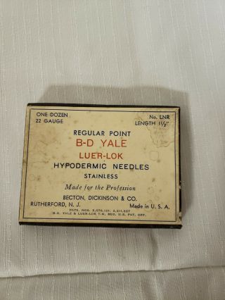 Vintage B - D Yale Regular Point Hypodermic Needle Stainless Luer - Lok 22g 1 - 1/2 "