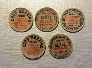 5 Vintage Williamstown Griffiths Dairy Milk Bottle Top Caps Advertising Ad Dairy