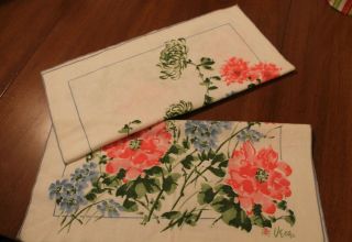 Vintage Vera Neumann Floral Napkins,  Set Of 2 With Pink,  Light Blue And Green