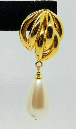 Vintage Avon Large Gold Tone Faux Pearl Drop Dangle Pierced Statement Earrings