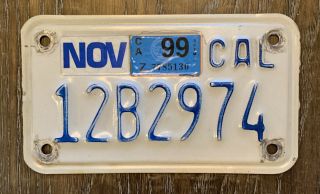 1999 California Motorcycle White/blue License Plate 12b2974