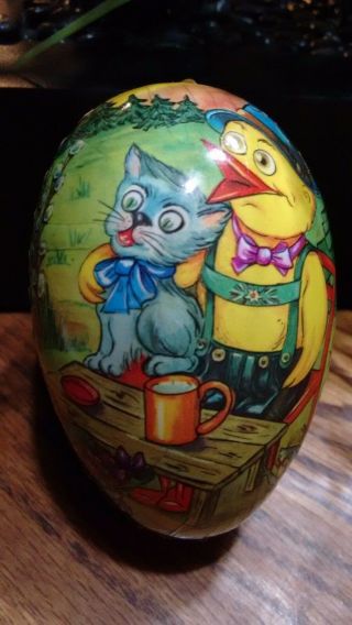 Vtg German Paper Mache Easter Egg Candy Container Cat Mouse Chick Lederhosen