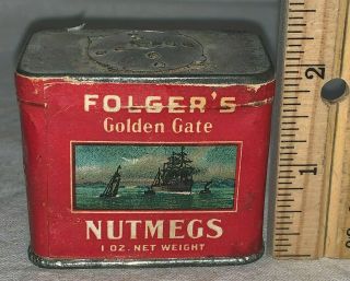 Antique Folgers Golden Gate Nutmegs Spice Tin Vintage San Francisco Can Coffee