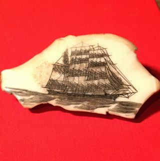 Vintage Brooch With Faux Scrimshaw Tall Ship