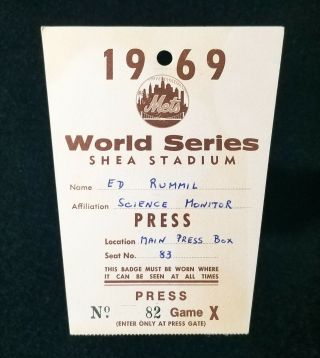 1969 World Series Press Pass Shea Stadium York Mets Vs Baltimore Orioles Vtg
