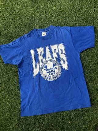 Vtg 90s Toronto Maple Leafs Hockey Trench T - Shirt Blue Single Stitch Made Canada
