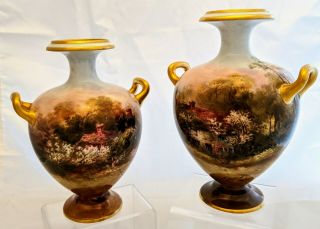 Antique Pair Royal Doulton Hand Painted Porcelain Vases J.  H.  Plant Country House